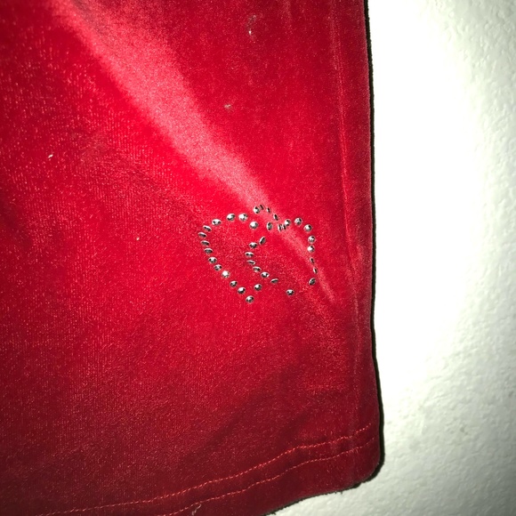 Red Velour Women's Sweatpants 2000s US Size XS-S Y2K Rhinestones Heart Sweats - Picture 6 of 8